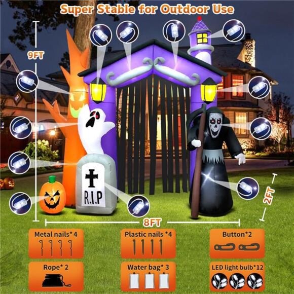 9 FT Halloween Inflatables Haunted House Castle Archway Decoration with Led - Picture 4 of 7